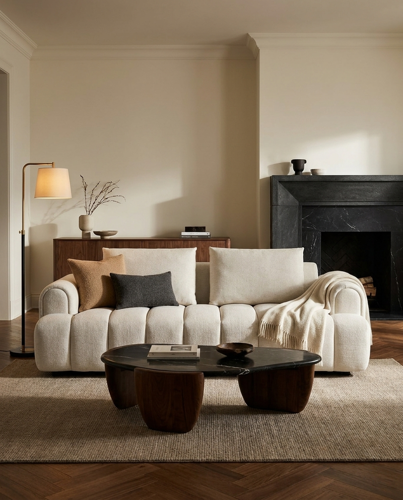 Mellow Sofa in Cashew Cream, styled in a living room, view 2