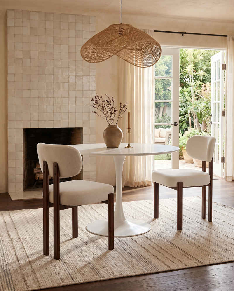 Mirae Dining Chair in Almond Cream with Walnut, styled in a dining room, view 2