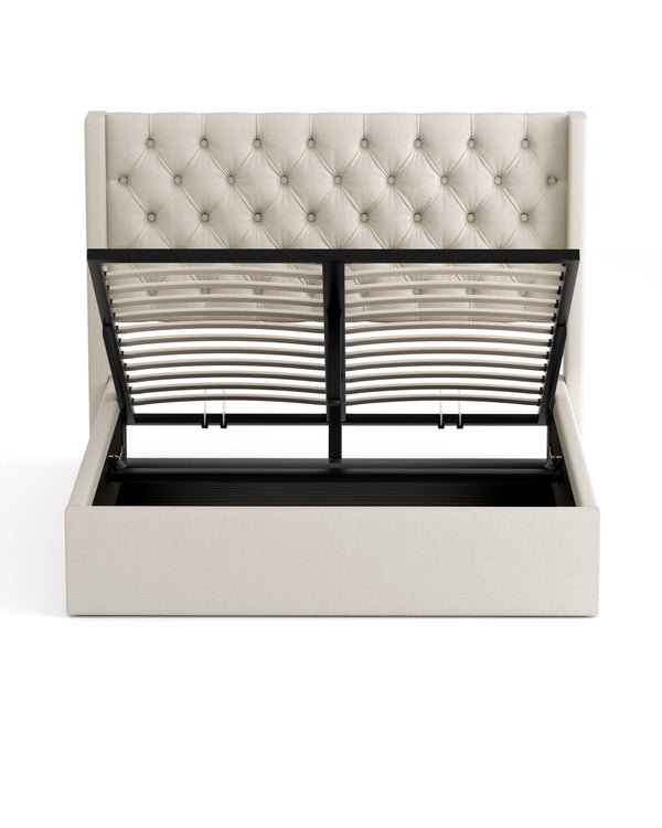 Nora Lift Up Storage Bed internal frame and slats, shown open
