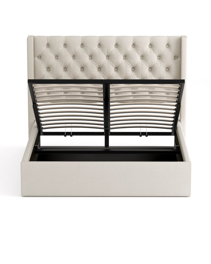 Nora Lift Up Storage Bed internal frame and slats, shown open