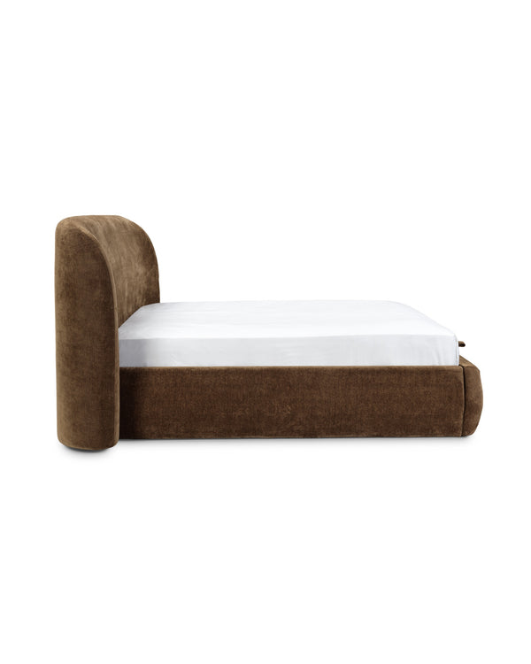 Aykah upholstered Retreat Bed in Antique Bronze, side profile showing depth