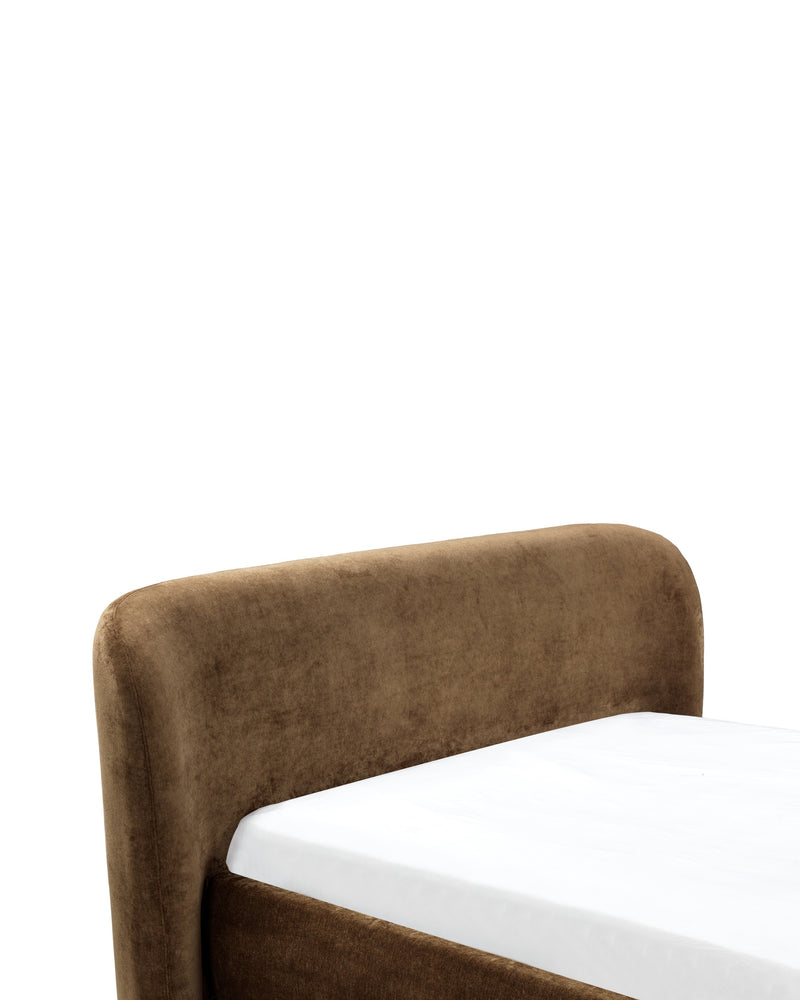 Aykah upholstered Retreat Bed in Roasted Chestnut, close-up of the seam and stitching