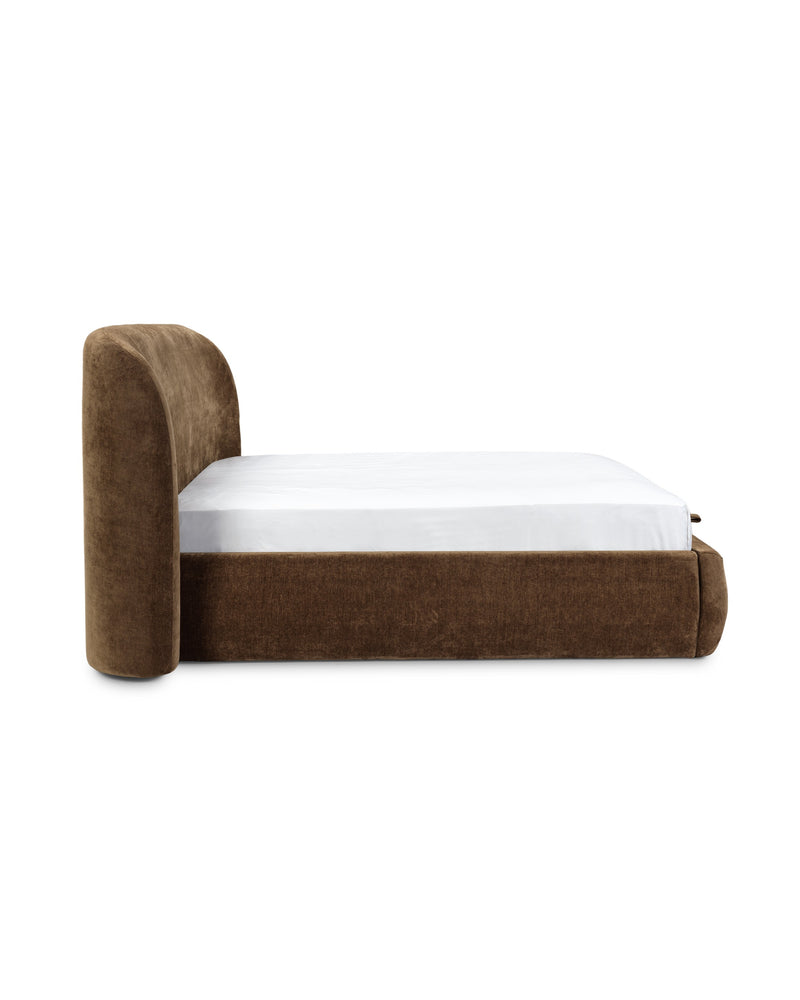 Aykah upholstered Retreat Bed in Roasted Chestnut, side profile showing depth