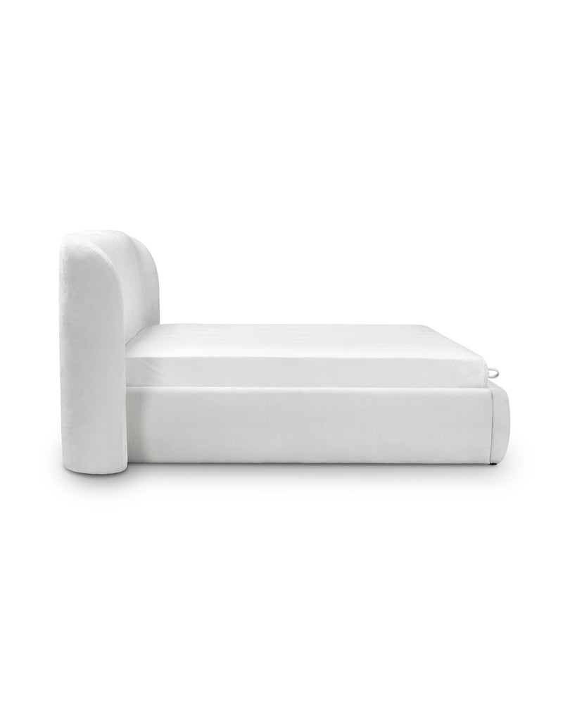 Aykah upholstered Retreat Bed in Chantilly, side profile showing depth