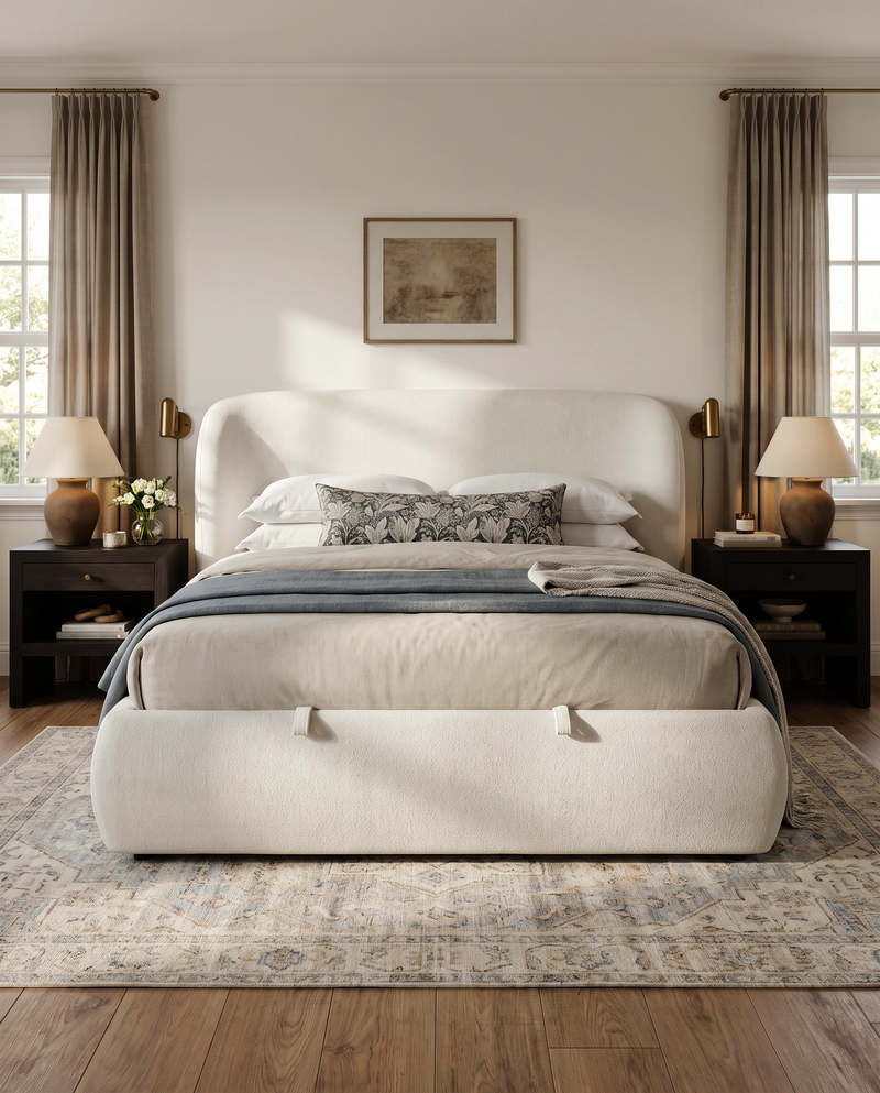 Retreat Bed, styled in a room