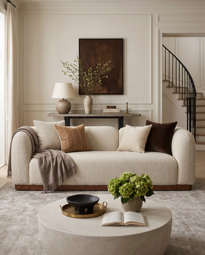 Aykah Selene Sofa in Cashew Biscuit, styled in a living room