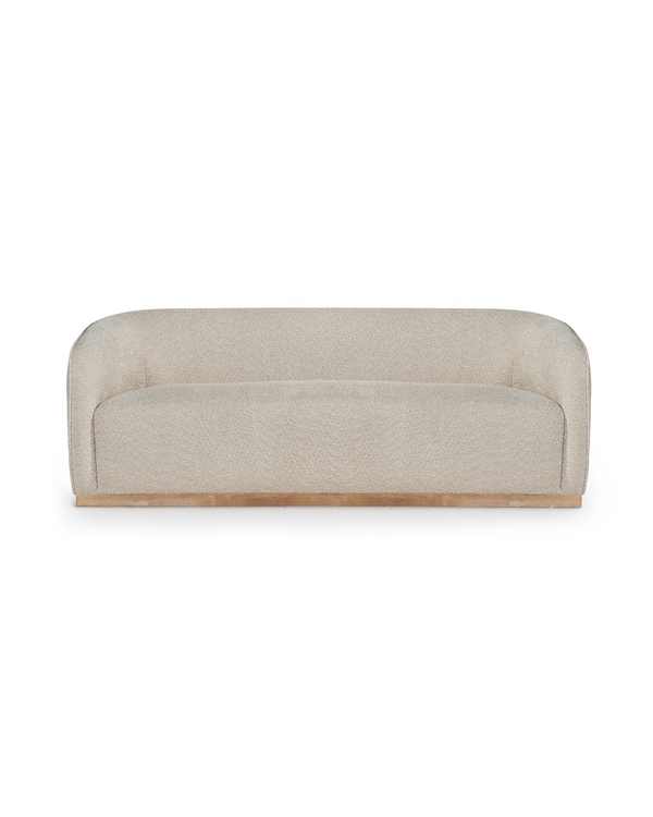 Sorelle Sofa in Almond Biscotti, front view with curved, wraparound back