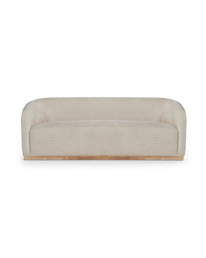 Sorelle Sofa in Almond Biscotti, front view with curved, wraparound back