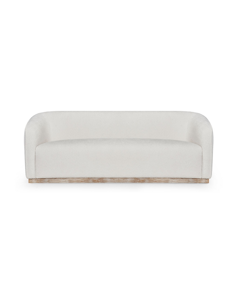 Sorelle Sofa in Bouclé Oyster, front view with curved, wraparound back
