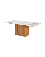 Aykah Sylas Dining Table in Honey Oak, three-quarter view showing the fluted base