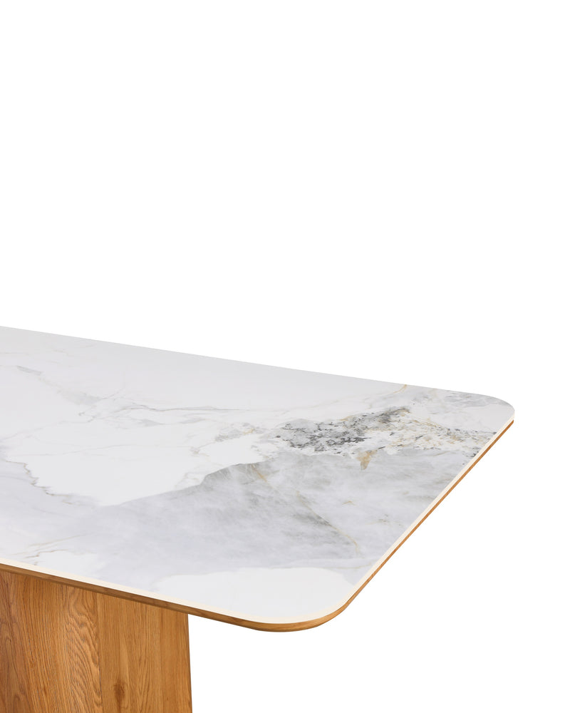 Aykah Sylas Dining Table in Honey Oak, close-up of the marble-look top and wood trim