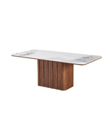 Aykah Sylas Dining Table in Rich Walnut, three-quarter view showing the fluted base