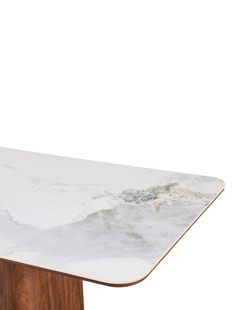 Aykah Sylas Dining Table in Rich Walnut, close-up of the marble-look top and wood trim