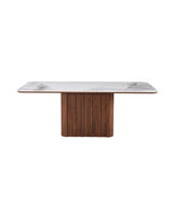 Aykah marble-look Sylas Dining Table in Rich Walnut, front view with fluted pedestal base
