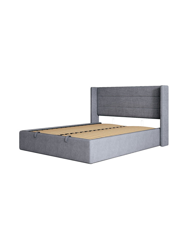Close-up of the upholstered finish on the Zir Lift Up Storage Bed in Truffle Grey, view 2