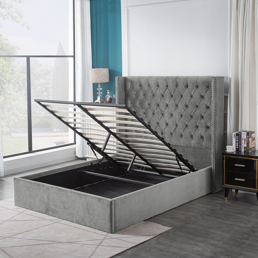 High Quality Tracy Grey Storage Bed Frame headboard queen Online Aykah Furniture