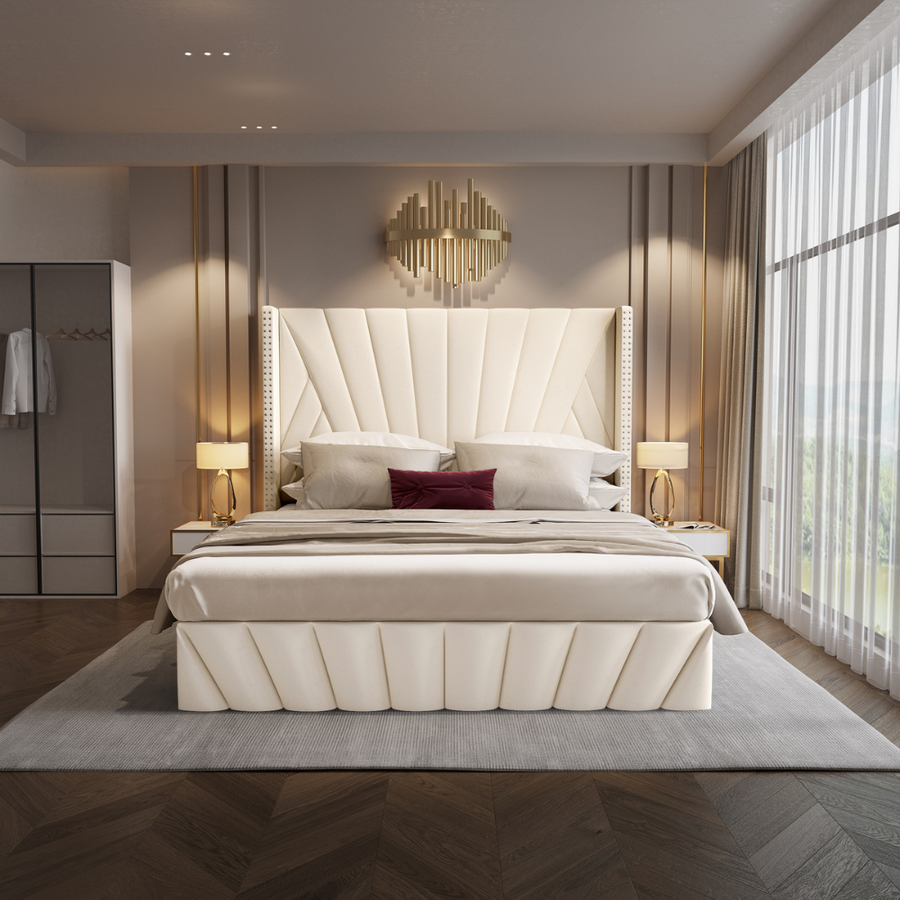 Lit de rangement relevable en velours beige Fez