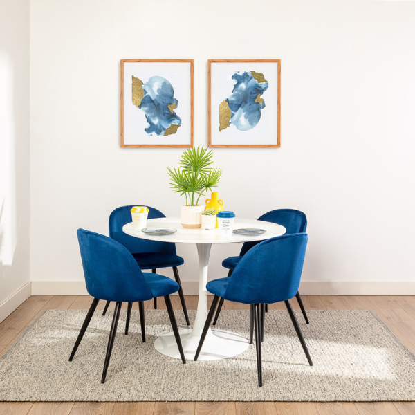 Alan Blue Velvet Dining Chair + Blanco White Table - Medium