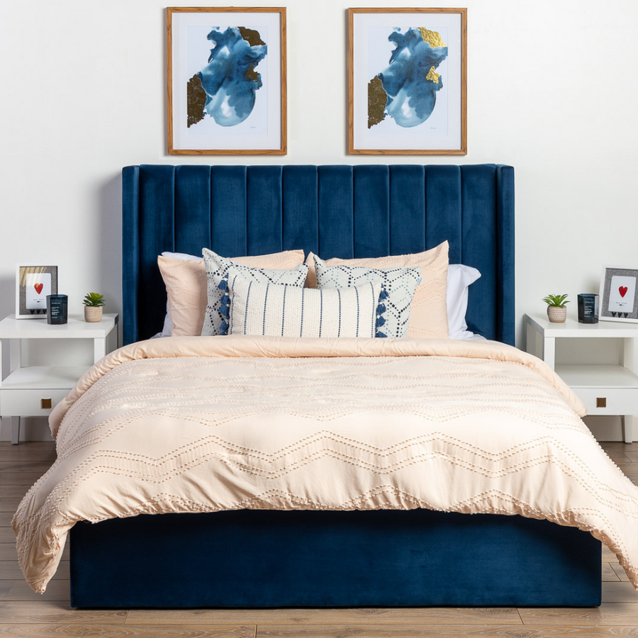 Jenny Blue Velvet Lift-Up Storage Bed