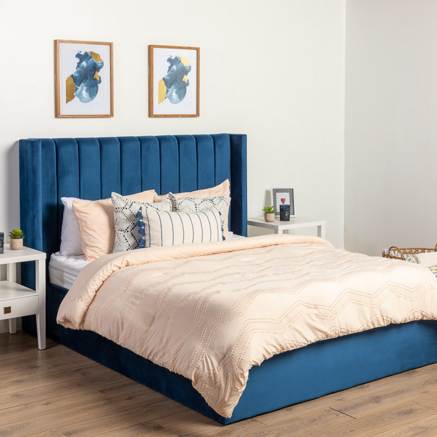 Jenny Blue Velvet Lift-Up Storage Bed