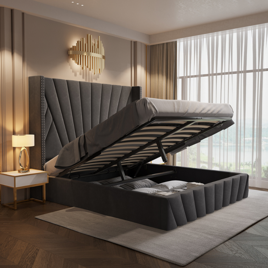 Fez Grey Velvet Lift-Up Storage Bed