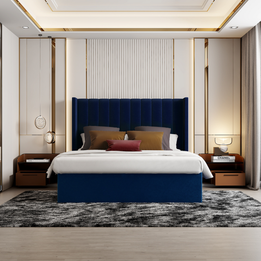 Jenny Blue Velvet Lift-Up Storage Bed