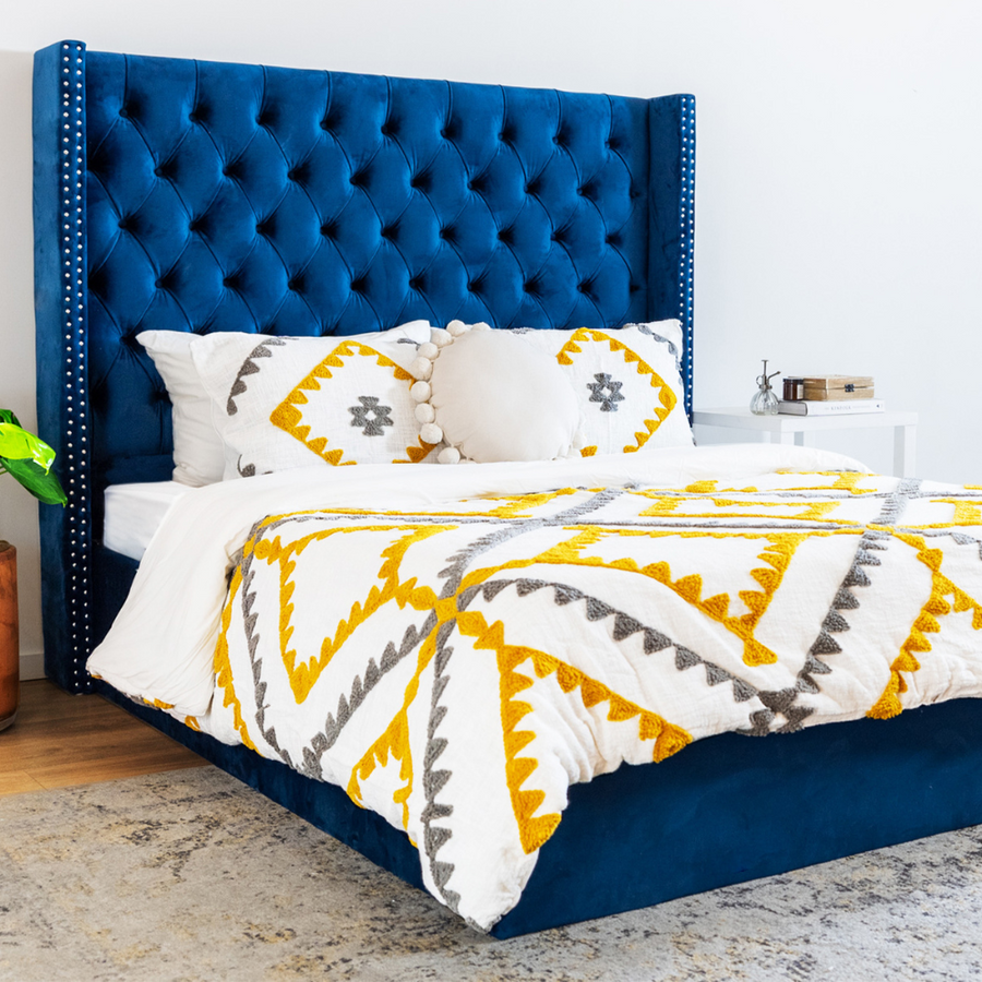 Tracy Blue Velvet Lift-Up Storage Bed